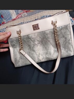 Lioness Cream and Silver Snake-Texture Shoulder Bag